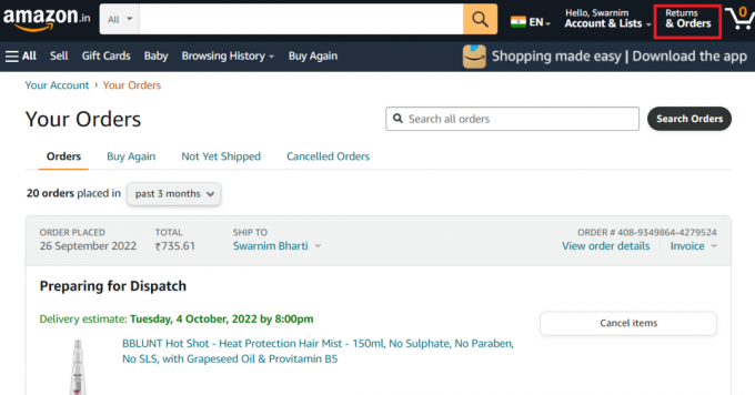 klicka på Returer och beställningar | Hur man tar bort Amazon presentkort