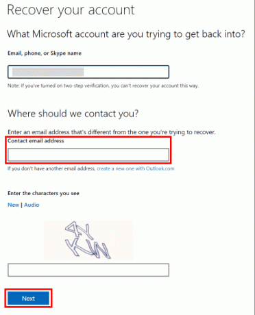 Skriv inn ny kontakt-e-postadresse og tegnet som vises, og klikk deretter på Neste-knappen.
