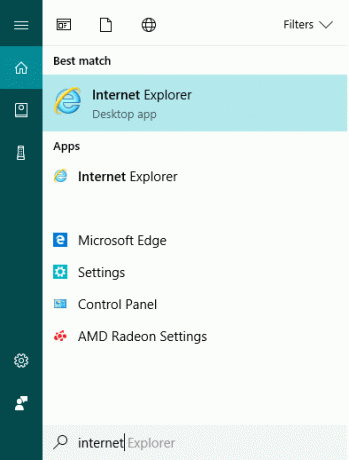 Pritisnite tipku Windows + S za pokretanje pretraživanja, a zatim upišite Internet Explorer