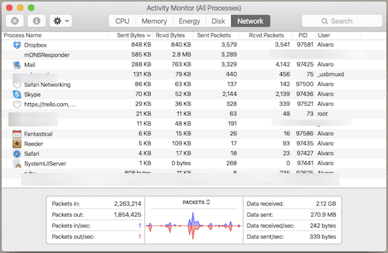 Ficha Red del monitor de actividad