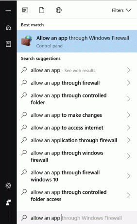 พิมพ์ allow app ผ่าน windows firewall ใน Start menu search