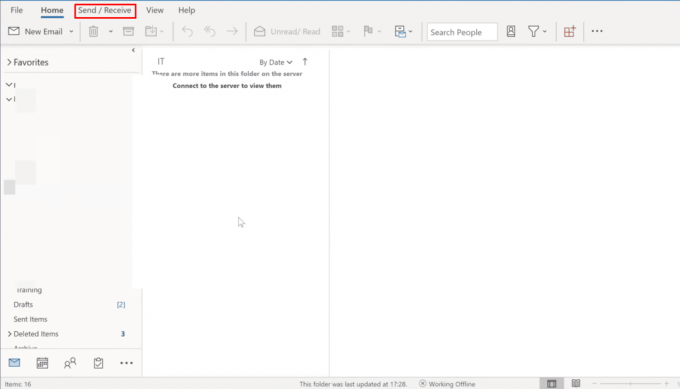 Tagad noklikšķiniet uz opcijas SendReceive, lai pārslēgtos uz cilni SendReceive. | izsaukuma zīme uz jūsu e-pasta ikonas