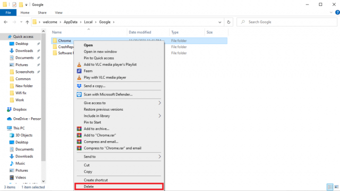 Găsiți și faceți clic dreapta pe folderul Chrome și faceți clic pe Ștergere. 13 moduri de a remedia eroarea de descărcare eșuată pe Chrome