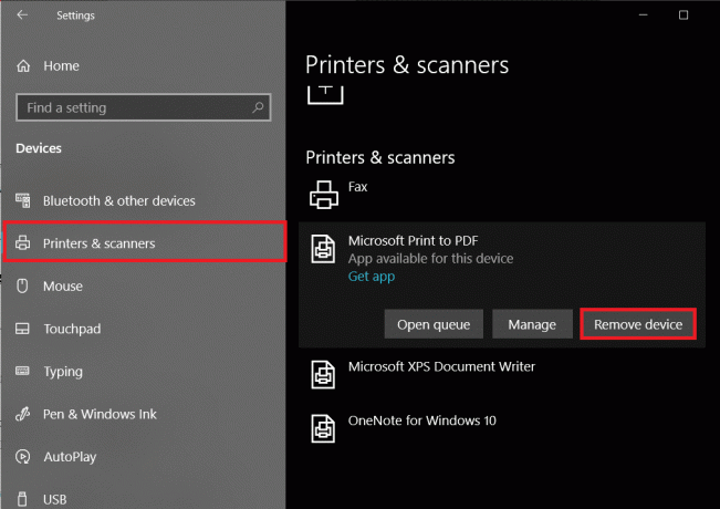 ย้ายไปที่การตั้งค่าเครื่องพิมพ์และสแกนเนอร์ และเลือก Remove Device | แก้ไขปัญหาเครื่องพิมพ์ทั่วไปใน Windows 10