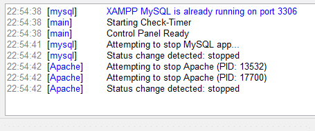 På bunnen av XAMPP Kontrollpanel kan du se hva som skjer ved bruk av XAMPP