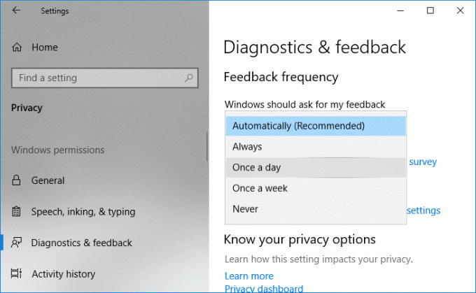 V sistemu Windows bi moral zahtevati moje povratne informacije, izberite Vedno, Enkrat na dan, Enkrat na teden ali Nikoli