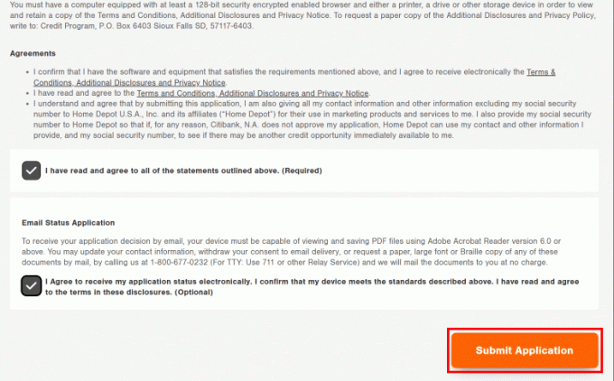 Označite sve kućice kako biste se složili s uvjetima i kliknite na gumb Pošalji prijavu kako biste podnijeli svoju prijavu za dobivanje home depot kreditne kartice online.