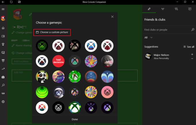 napsauta Valitse mukautettu kuva | Profiilikuvan vaihtaminen Xbox-sovelluksessa | Xbox Gamerpiciä ei voi mukauttaa