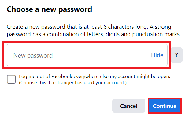 ป้อนรหัสผ่านใหม่และคลิกที่ Continue | วิธีเปลี่ยนหมายเลขโทรศัพท์บน Facebook | กู้คืนรหัสผ่าน Facebook ของคุณโดยไม่ต้องใช้รหัส
