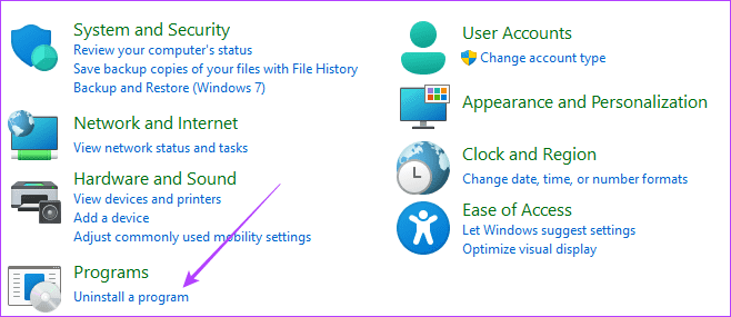 Désinstaller une option du panneau de configuration du programme