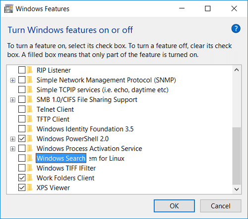 Avmarkera Windows-sökning i Aktivera eller inaktivera Windows-funktioner