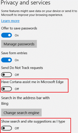 Dezactivați Cereți ca Cortana să mă asiste în Microsoft Edge și Afișați sugestii de căutare și site pe măsură ce scriu