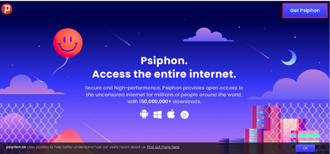 Visite o site oficial do Psiphon e clique em Obter Psiphon