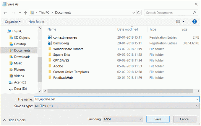 Välj ALLA filer från spara som skriv & namnge filen som fix_update.bat och klicka på Spara