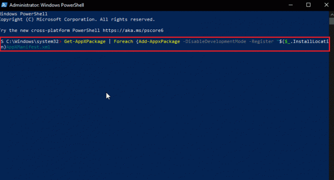 Windows Powershell deschis, rulați ca administrator cu comanda reinstalați aplicația Windows. Remediați codul de eroare 0x80d0000a în Windows 10