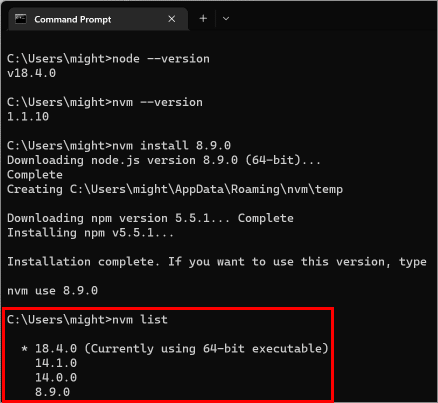 พิมพ์ nvm list เพื่อดูเวอร์ชันทั้งหมดของ node.js ที่ติดตั้งบนพีซีของคุณ