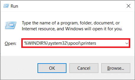 Skriv WINDIR system32 spool-skrivare i kommandorutan och tryck på OK