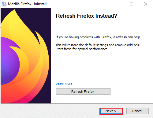 Klik op de knop Volgende in het Mozilla Firefox Uninstall-venster
