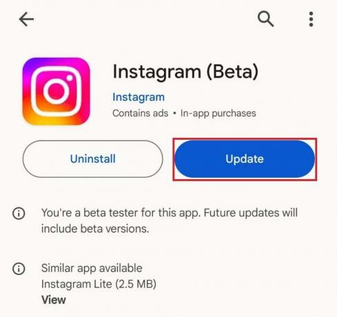Hvis en opdatering er tilgængelig, vil du se knappen Opdater. Tryk på den for at opdatere Instagram