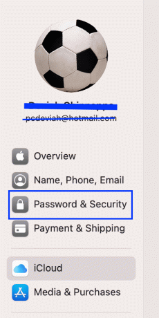 ऐप्पल आईडी पर क्लिक करें, और फिर पासवर्ड और सुरक्षा पर क्लिक करें