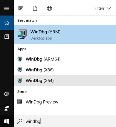 „Windows“ paieškoje įveskite windbg, tada spustelėkite WinDbg (X64)