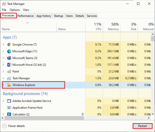 Napsauta Prosessit-välilehdessä Windowsin Resurssienhallintaa ja valitse Käynnistä uudelleen