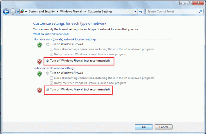 Spustelėkite radijo mygtukus, esančius šalia Išjungti „Windows Defender“ užkardą | Pataisykite „Windows 7“ naujinimus, kurie neatsisiunčiami