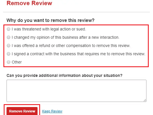 Odaberite razloge za brisanje recenzije i kliknite na Ukloni recenziju | Kako izbrisati Yelp račun | ukloni moju adresu iz Yelpa