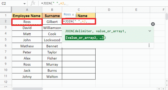 Sélectionnez la première cellule A2 qui doit être combinée et ajoutez une virgule. Comment combiner deux colonnes dans Google Sheets