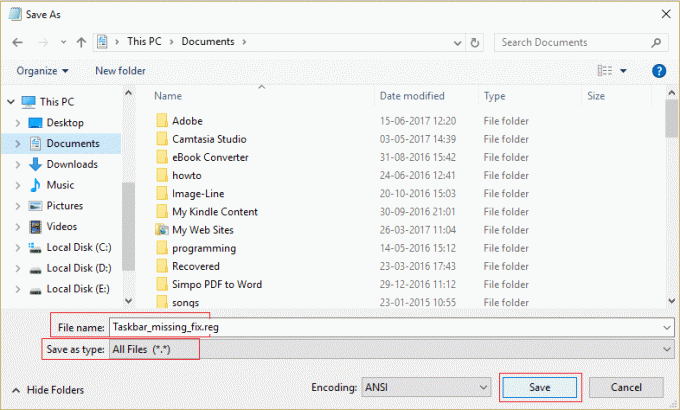 Vælg Alle filer fra rullemenuen Gem som type, og navngiv den derefter som Taskbar_missing_fix