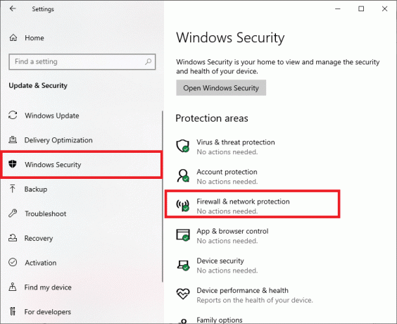 בחר באפשרות Windows Security מהחלונית השמאלית ולחץ על חומת אש והגנת רשת