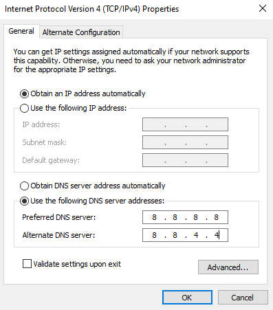 Selectați pictograma Utilizați următoarele adrese de server DNS. Remediați eroarea de actualizare Windows 10 0x800f0831