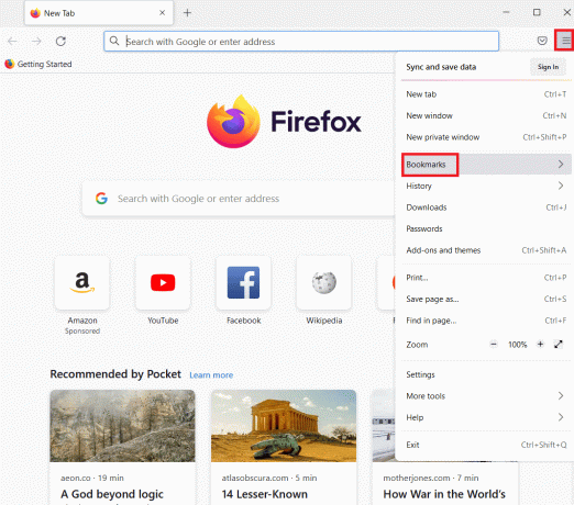 表示されたリストの[ブックマーク]オプションをクリックします。 MozillaFirefoxがWindows10でXPCOMエラーを読み込めなかった問題を修正