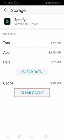 toque na opção limpar cache nas configurações do aplicativo Android Spotify Storage