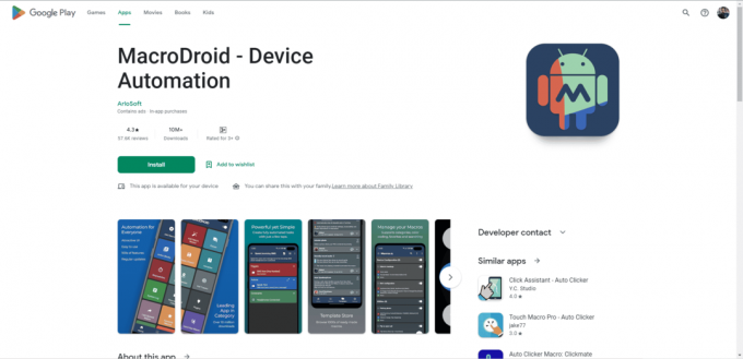 Macrodroid Play 스토어 웹페이지. Android 게임을 위한 최고의 자동 클릭 앱