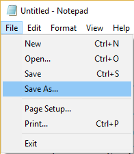 Notepad მენიუდან დააწკაპუნეთ ფაილზე, შემდეგ აირჩიეთ Save As