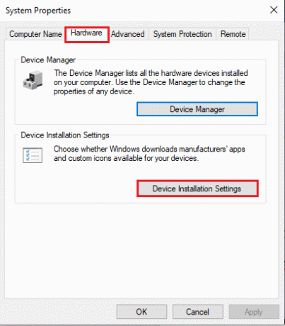 გადადით Hardware-ის ჩანართზე და დააჭირეთ ღილაკს Device Installation Settings