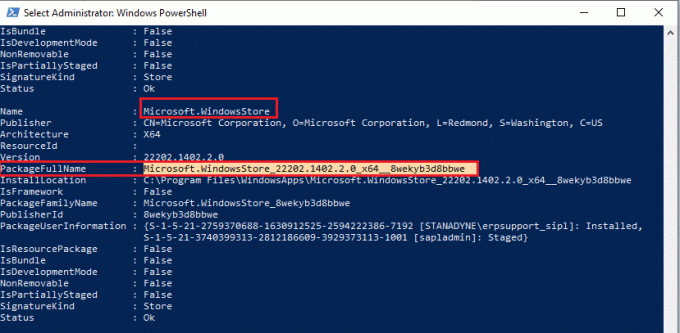 Suchen Sie nun nach Microsoft. WindowsStore Name und kopieren Sie den Eintrag von PackageFullName. Beheben Sie den Microsoft Store-Fehler 0x80073D12 in Windows 10