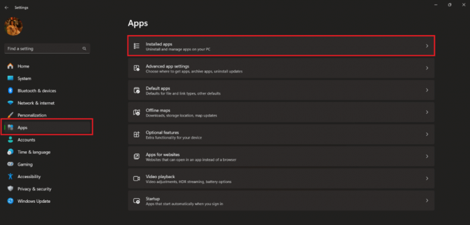 clique em Aplicativos instalados | Desinstalar o Microsoft Edge Windows 11