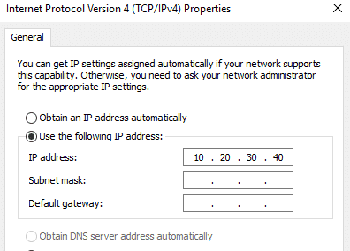 Logā IPv4 Properties atzīmējiet izvēles rūtiņu Izmantojiet šādu IP adresi