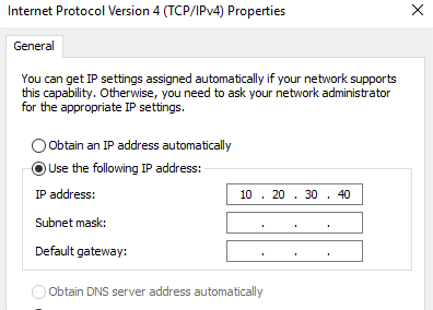 [IPv4 プロパティ] ウィンドウのチェックマークで、次の IP アドレスを使用する