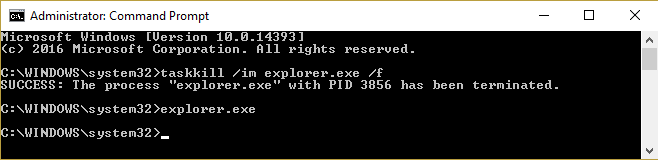 explorer.exe'yi öldürmek için taskkill im explorer.exe f komutu