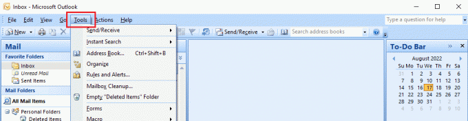 Outlook의 도구 메뉴 또는 탭