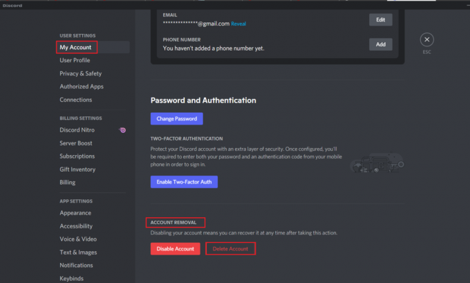 დააწკაპუნეთ ანგარიშის წაშლაზე My Account მენიუში Discord აპლიკაციაში ან პროგრამაში