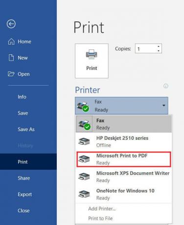 เลือก Microsoft Print to PDF | วิธีพิมพ์เมื่อคุณไม่มีเครื่องพิมพ์