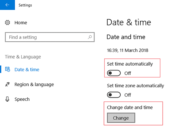 Schalten Sie Zeit automatisch einstellen aus und klicken Sie dann auf Ändern unter Datum und Uhrzeit ändern