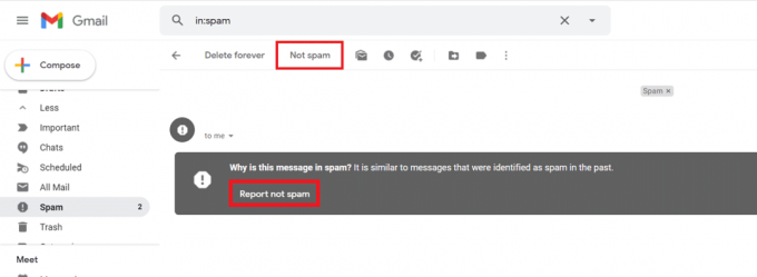 Hvis du klikker på 'Ikke spam', bringes beskeden til den generelle indbakke. 