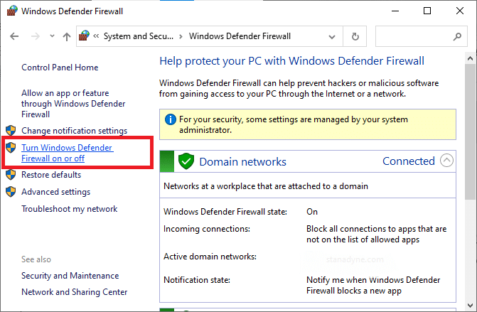 ตอนนี้ให้เลือกตัวเลือกเปิดหรือปิดไฟร์วอลล์ Windows Defender ที่เมนูด้านซ้าย แก้ไขปัญหาการดาวน์โหลดการบล็อก Chrome