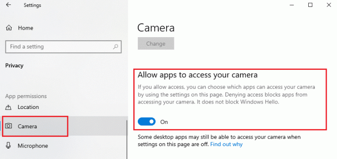 Győződjön meg arról, hogy az Alkalmazások hozzáférésének engedélyezése a kamerához opció engedélyezve van 