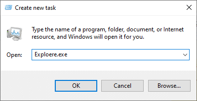 이제 다음 상자에 Exploere.exe를 입력하고 확인 버튼을 클릭합니다. 0x80004002 수정 Windows 10에서는 해당 인터페이스가 지원되지 않습니다.